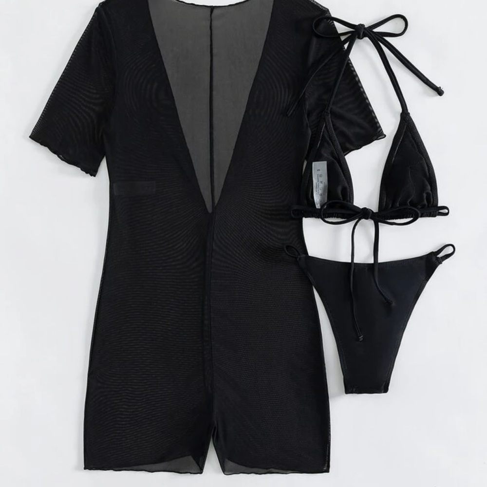 Bikini Set Micro Bra & Bottom & Short Sleeve Romper 3 Piece Bathing Suit